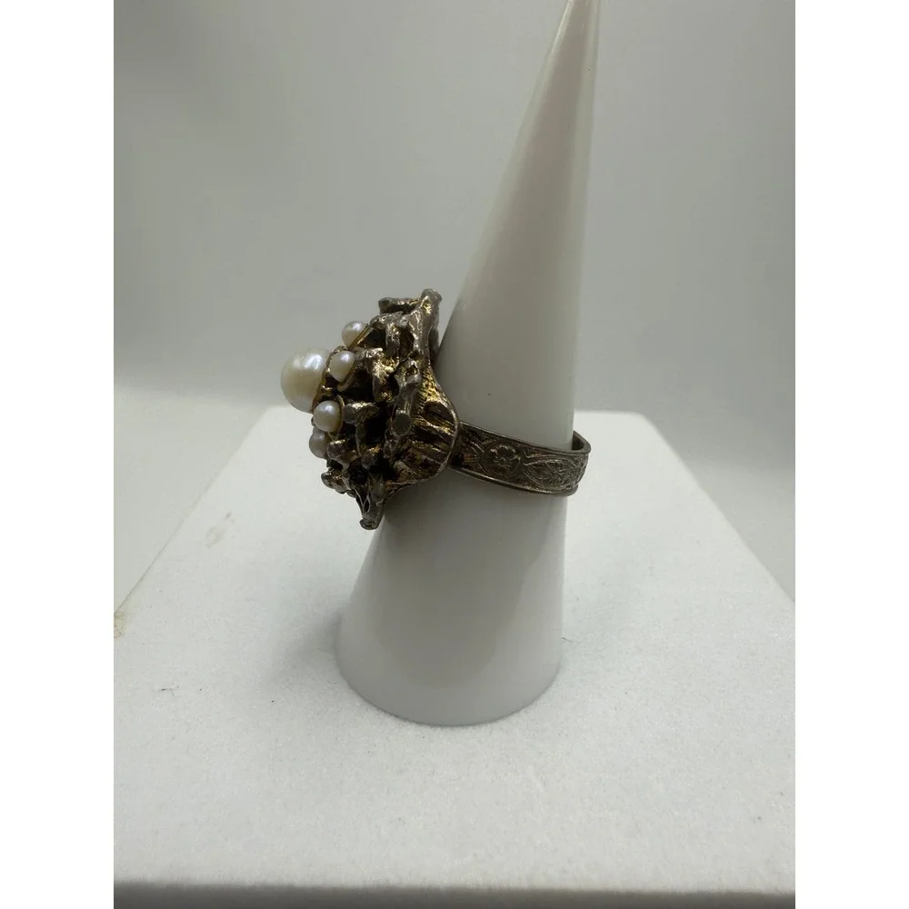 Vintage Brutalist Faux Pearl Cluster Statement Ring Adjustable Silver Tone 6.5
